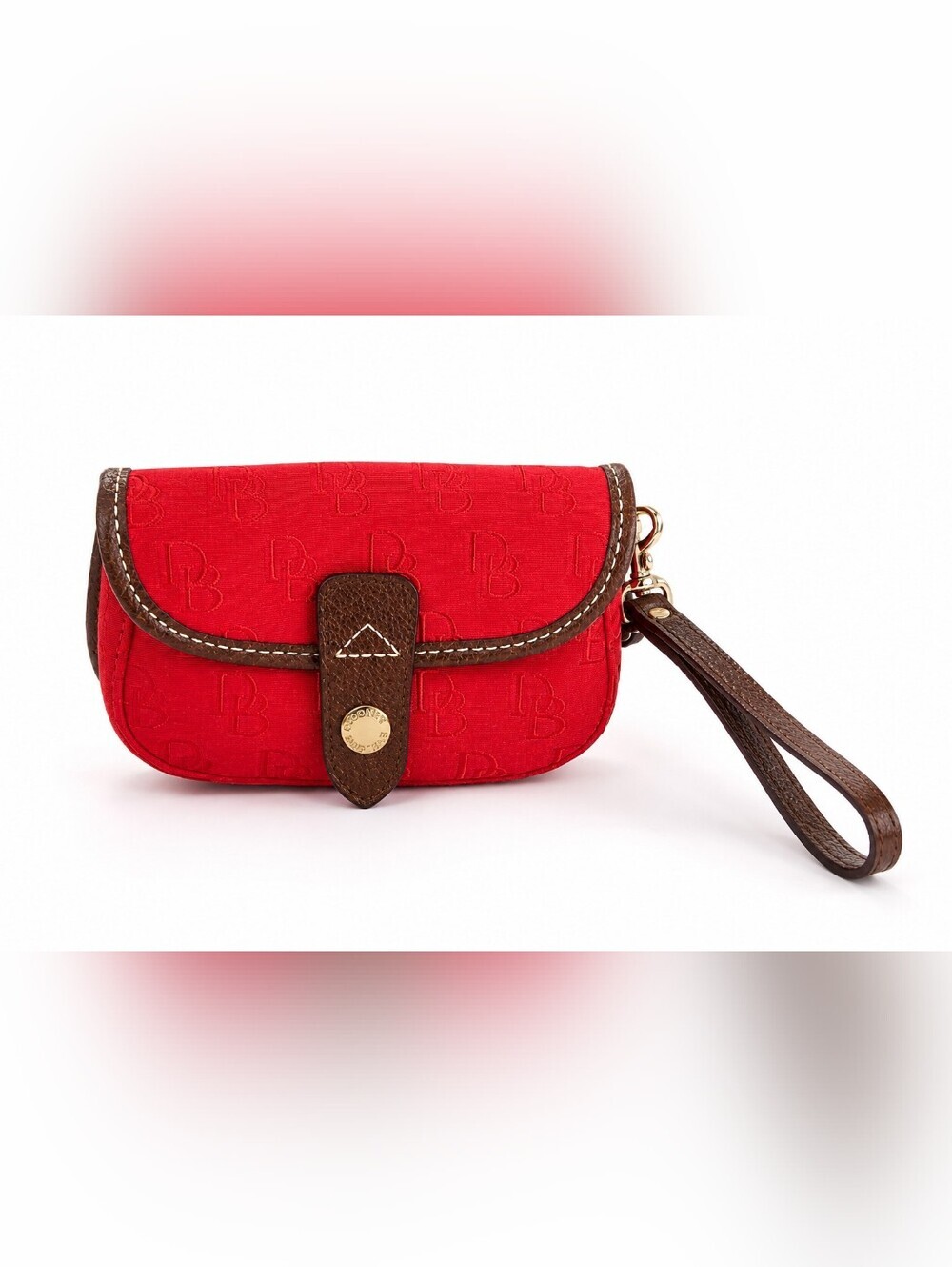 Dooney & Bourke Red Monogram Wristlet Pouch Brown Trim Smal Clutch Wallet.